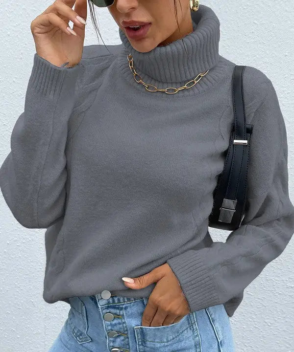 Grey Turtleneck Drop Shoulder Sweater STYLE SOURCE