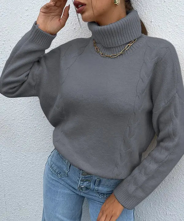 Grey Turtleneck Drop Shoulder Sweater STYLE SOURCE