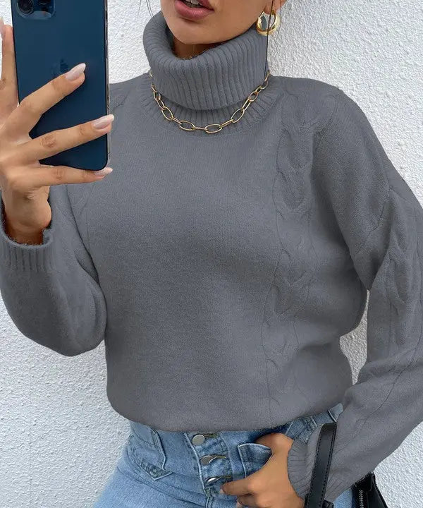 Grey Turtleneck Drop Shoulder Sweater STYLE SOURCE