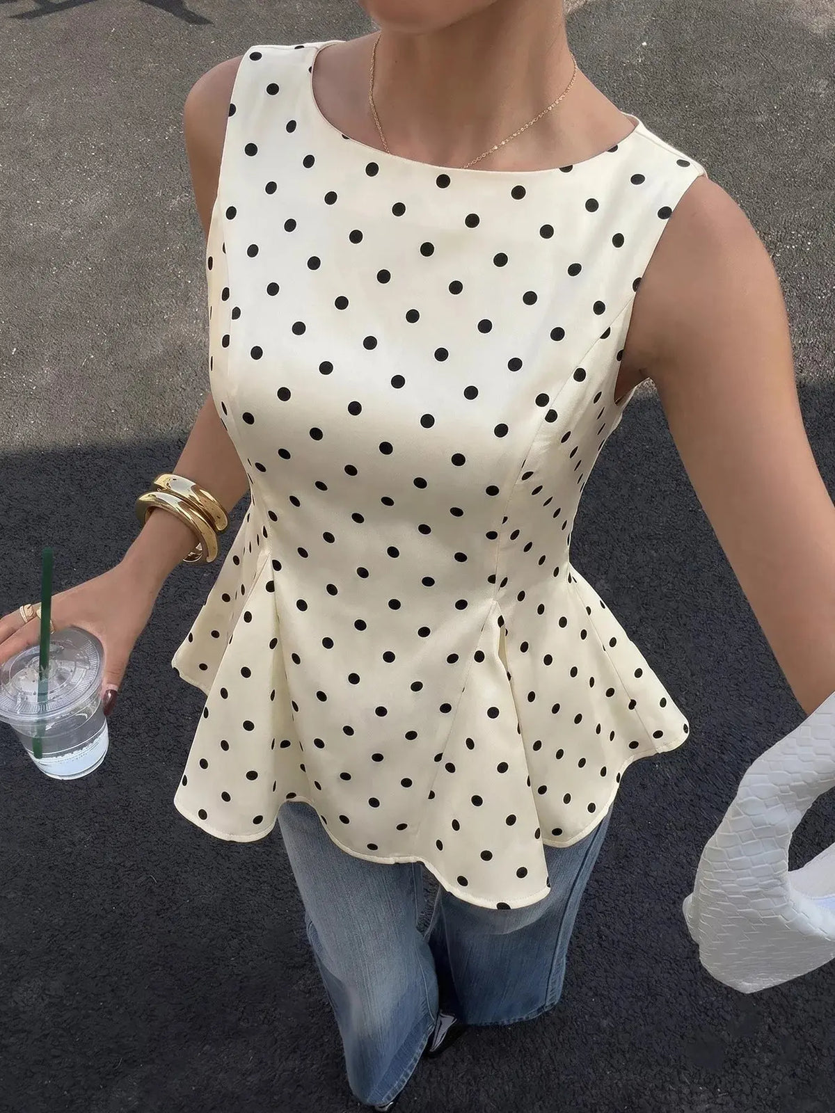 Apricot Polka Dot Sleeveless Peplum Blouse STYLE SOURCE