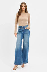 RISEN High Rise Wide Leg Jenas with Front Yoke and Heart Back Pocket STYLE SOURCE