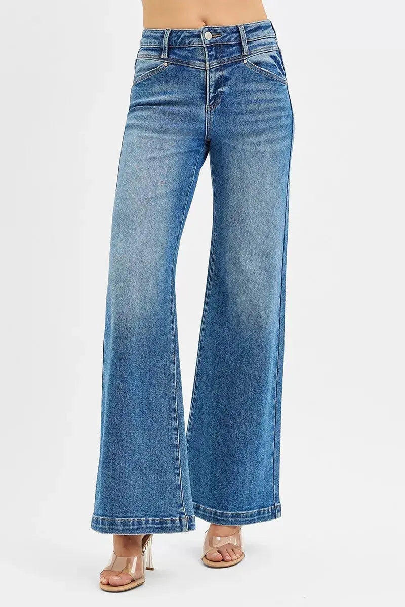 RISEN High Rise Wide Leg Jenas with Front Yoke and Heart Back Pocket STYLE SOURCE