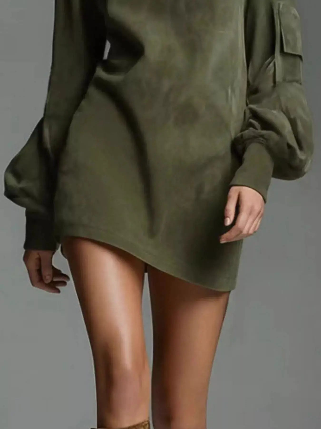 Full Size Suede Turtleneck Lantern Sleeve Mini Dress Plus Size STYLE SOURCE