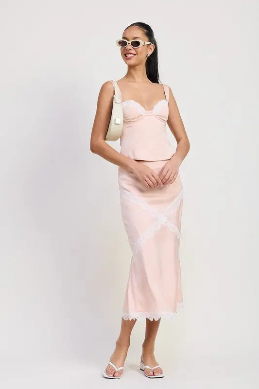 MID SATIN SKIRT WITH LACE DETAIL STYLE SOURCE