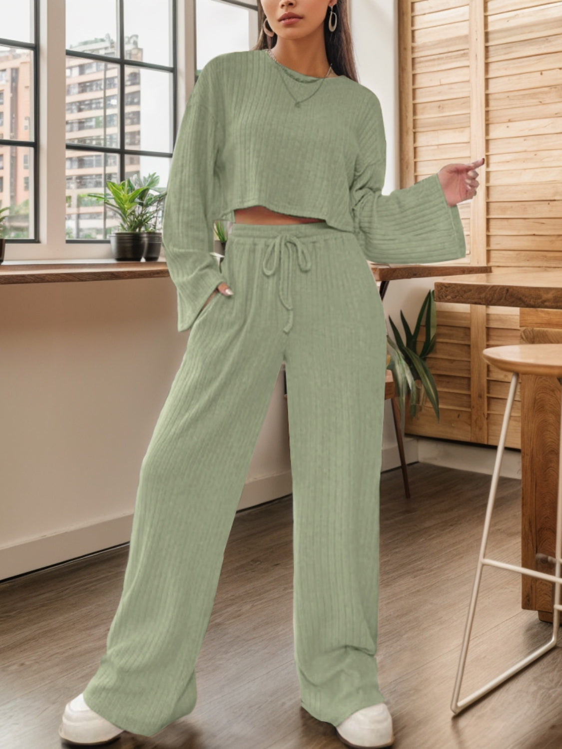 Ribbed Round Neck Top and Drawstring Pants Set STYLE SOURCE