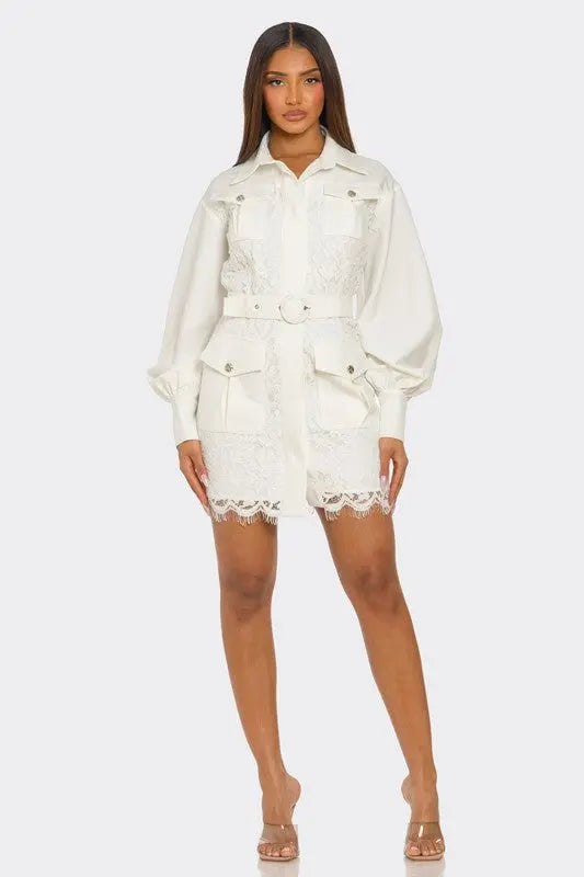 PLUS SIZE White Lace-Detail Utility Mini Dress STYLE SOURCE