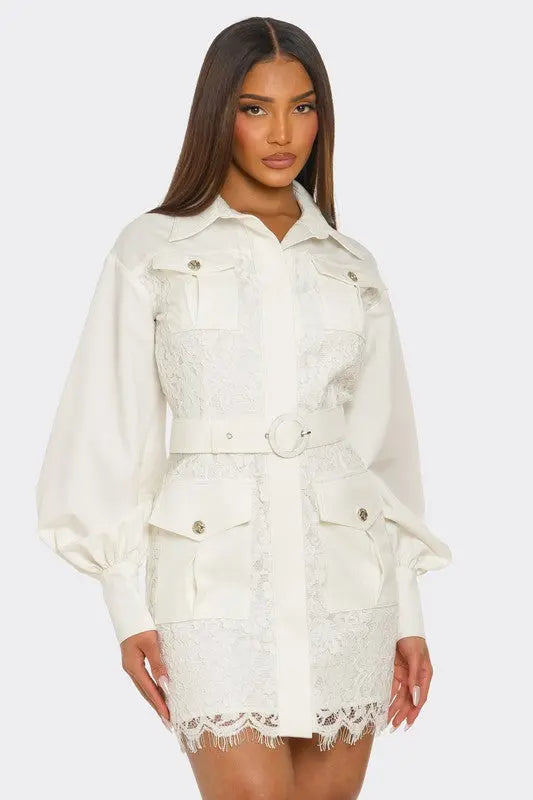 PLUS SIZE White Lace-Detail Utility Mini Dress STYLE SOURCE