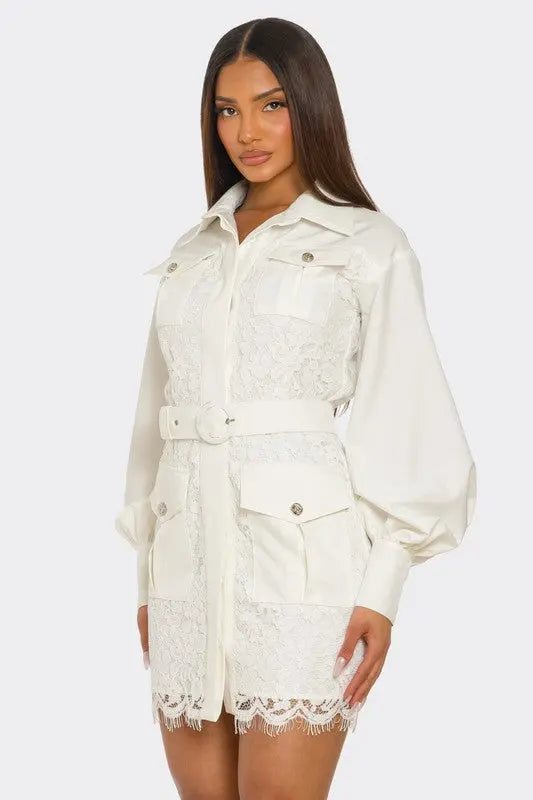 PLUS SIZE White Lace-Detail Utility Mini Dress STYLE SOURCE