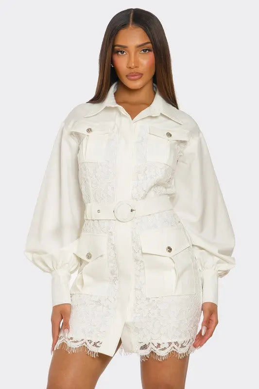 PLUS SIZE White Lace-Detail Utility Mini Dress STYLE SOURCE