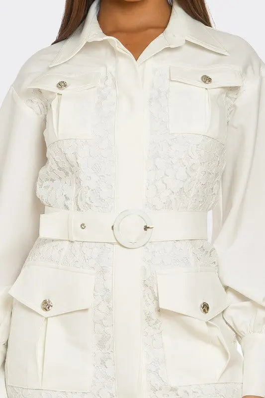 PLUS SIZE White Lace-Detail Utility Mini Dress STYLE SOURCE