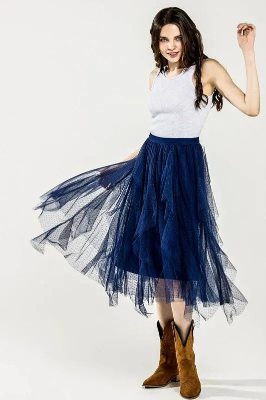 Waterfall PolkaDot Mesh Ruffle Midi Skirt STYLE SOURCE