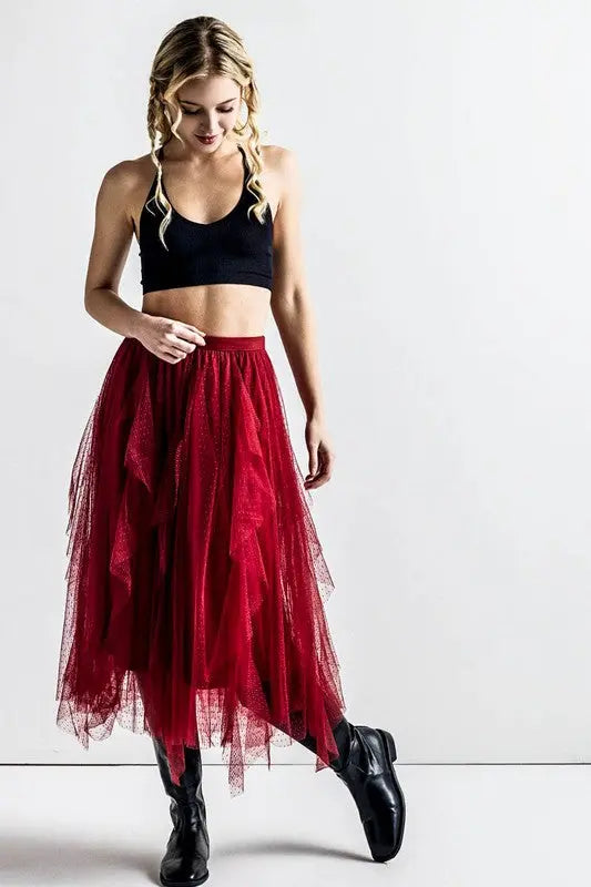 Waterfall PolkaDot Mesh Ruffle Midi Skirt STYLE SOURCE