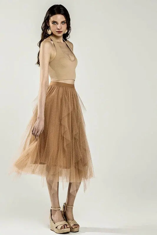 Waterfall PolkaDot Mesh Ruffle Midi Skirt STYLE SOURCE
