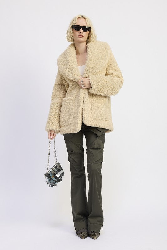 FUR TRIMMED FLEECE JACKET WITH POCKETS STYLE SOURCE