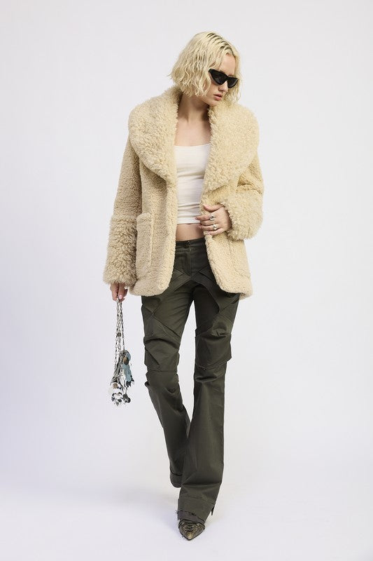 FUR TRIMMED FLEECE JACKET WITH POCKETS STYLE SOURCE