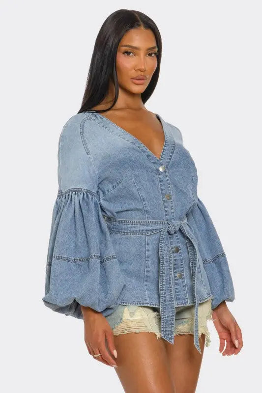 Denim Muse Puff Sleeve Button-Up Top STYLE SOURCE