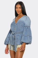 Denim Muse Puff Sleeve Button-Up Top STYLE SOURCE