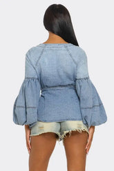 Denim Muse Puff Sleeve Button-Up Top STYLE SOURCE