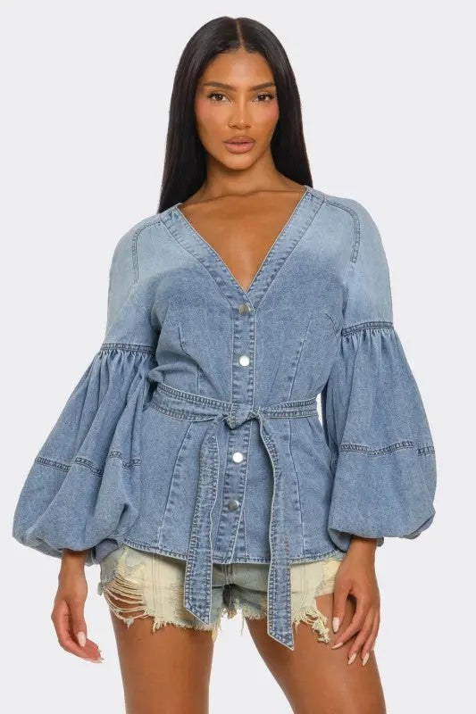 Denim Muse Puff Sleeve Button-Up Top STYLE SOURCE