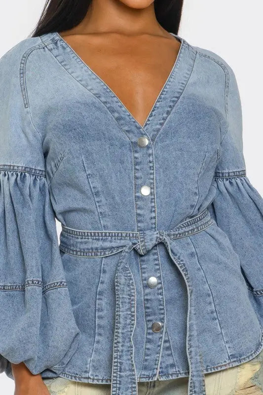 Denim Muse Puff Sleeve Button-Up Top STYLE SOURCE