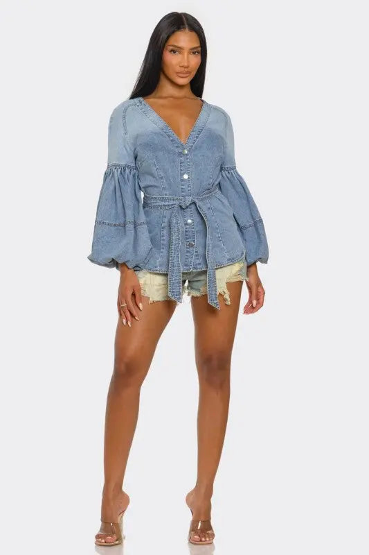 Denim Muse Puff Sleeve Button-Up Top STYLE SOURCE