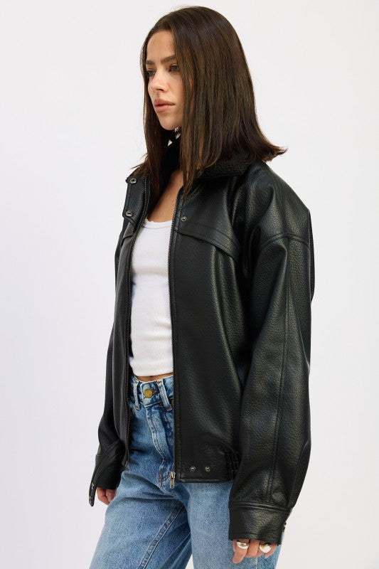 SHEARLING COLLAR VEGAN LEATHER JACKET STYLE SOURCE