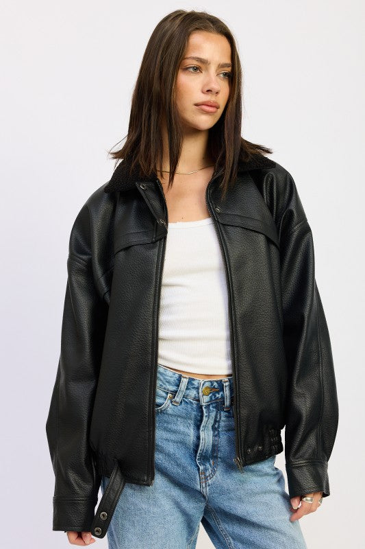 SHEARLING COLLAR VEGAN LEATHER JACKET STYLE SOURCE
