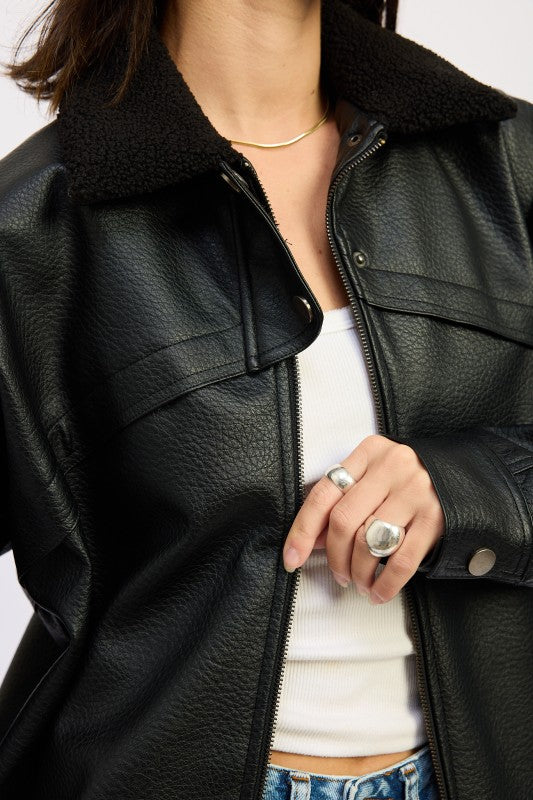 SHEARLING COLLAR VEGAN LEATHER JACKET STYLE SOURCE