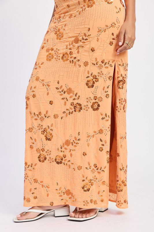 LOW WAIST BEADED MAXI SKIRT WITH SLIT STYLE SOURCE
