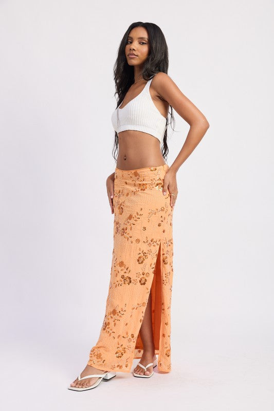 LOW WAIST BEADED MAXI SKIRT WITH SLIT STYLE SOURCE