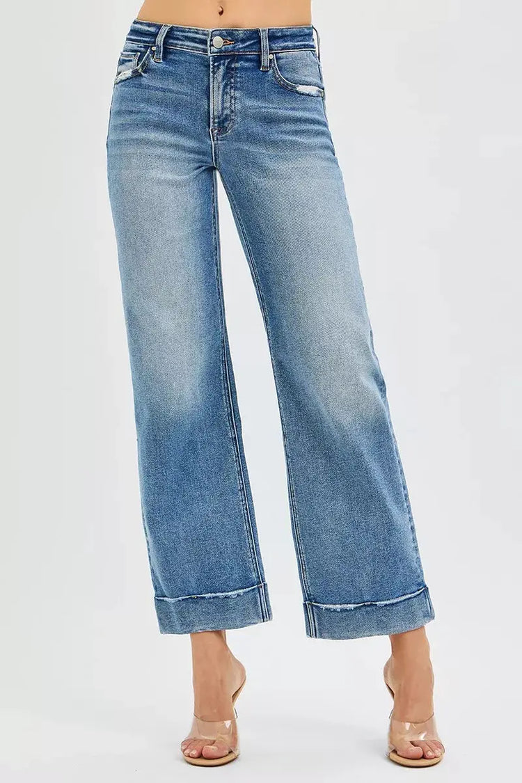 RISEN Full Size Mid Rise Crop Straight Jeans with Taylor Cuffed Plus Size STYLE SOURCE