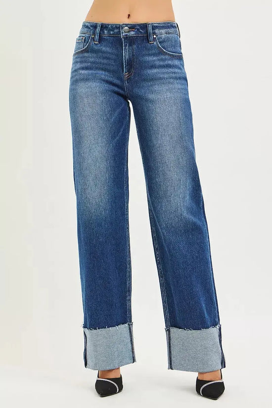 RISEN Mid Rise Wide Straight Jeans With Wide Cuff STYLE SOURCE