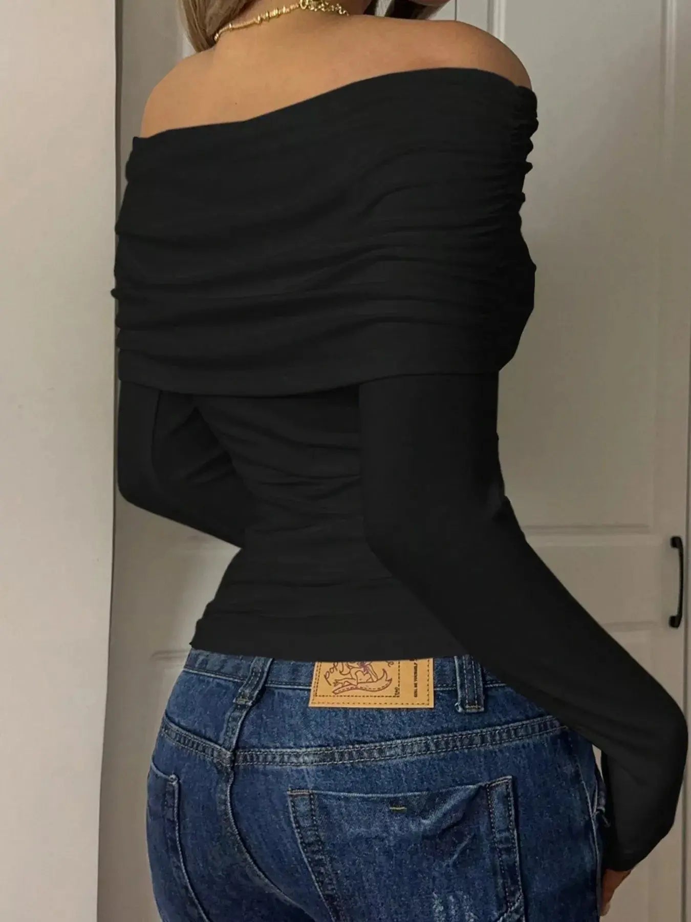 Off-Shoulder Ruched Long Sleeve T-Shirt STYLE SOURCE