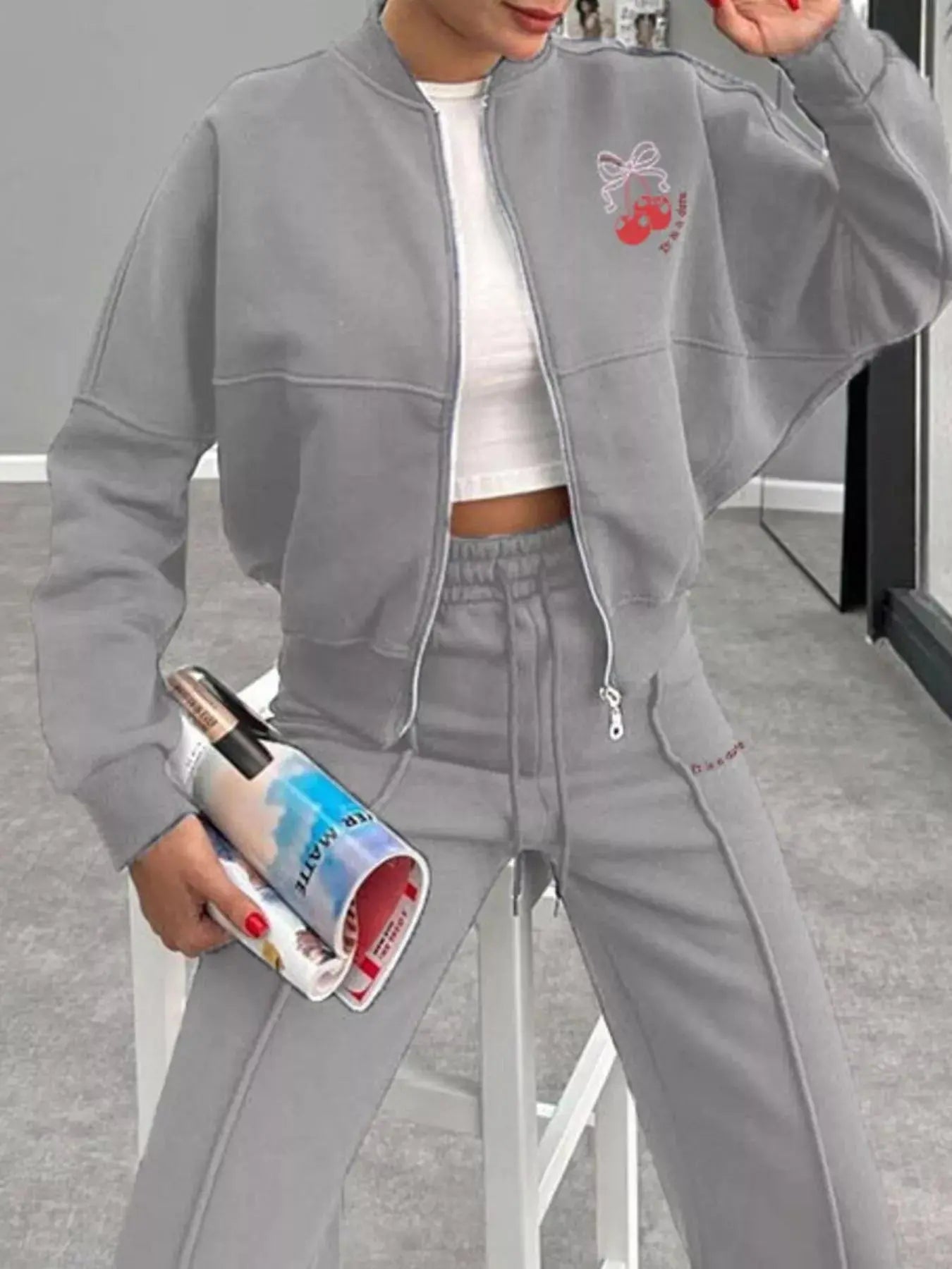 Zip Up Dropped Shoulder Outerwear and Pants Set STYLE SOURCE