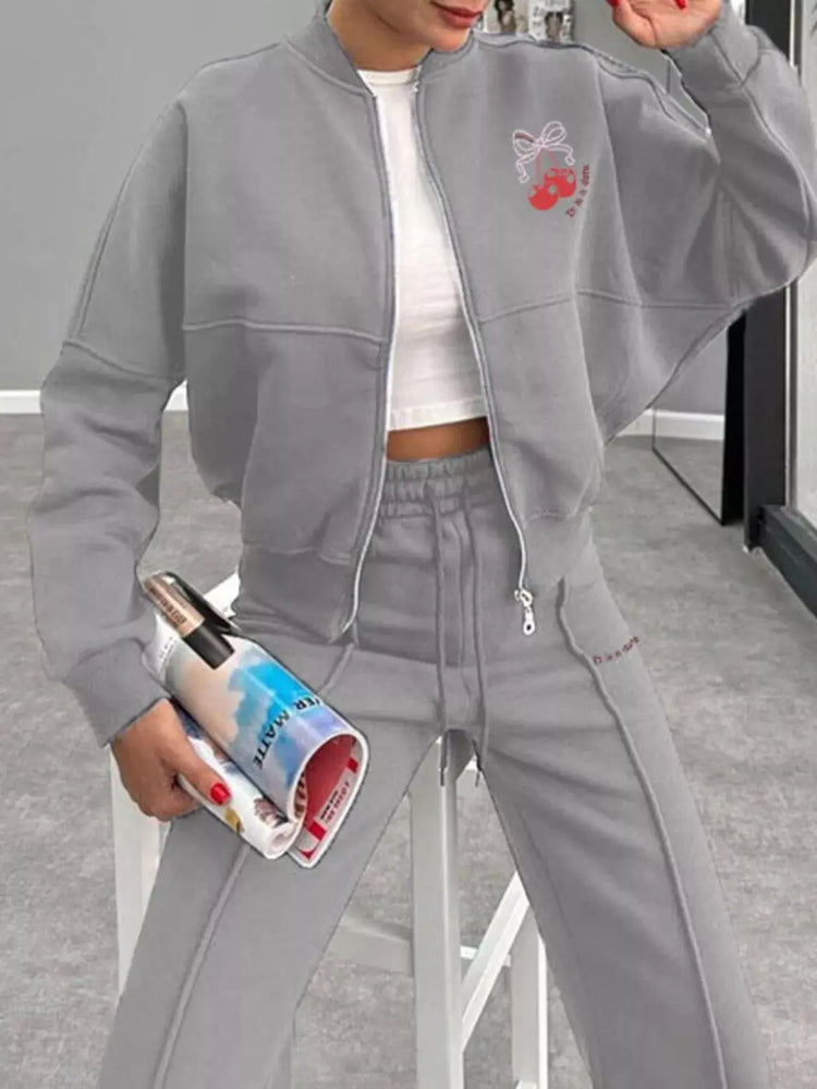 Zip Up Dropped Shoulder Outerwear and Pants Set STYLE SOURCE