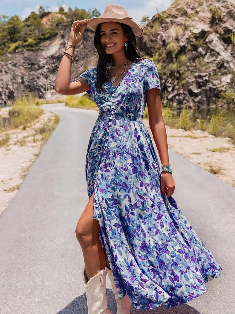 Floral Print V-Neck Slit Midi Dress STYLE SOURCE
