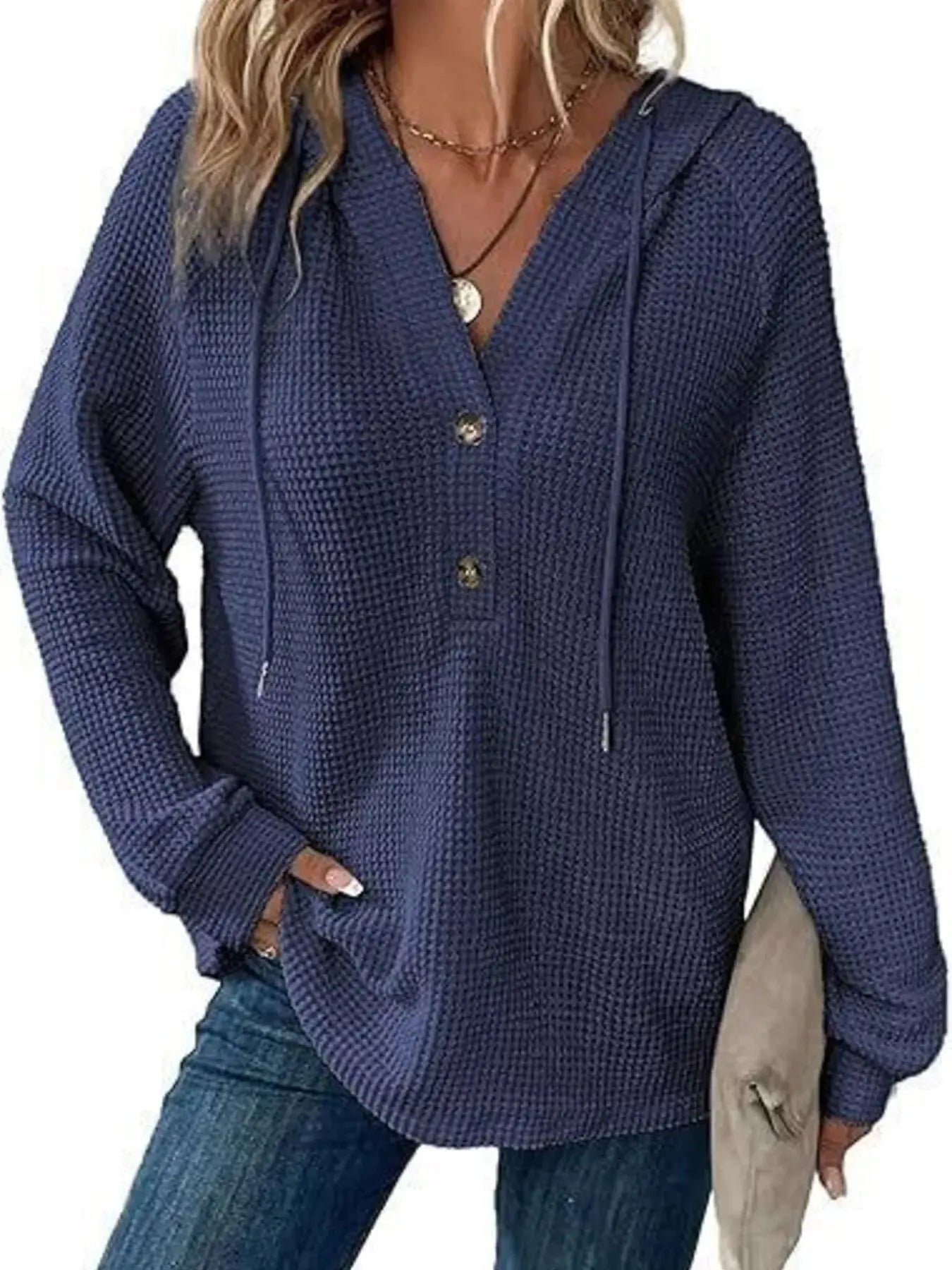 Full Size Button Detail Waffle Knit Hoodie Plus Size STYLE SOURCE