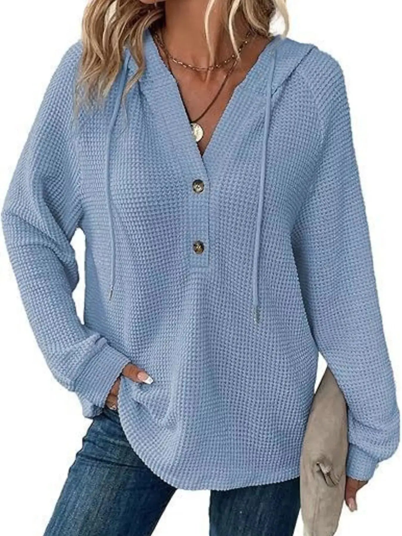 Full Size Button Detail Waffle Knit Hoodie Plus Size STYLE SOURCE