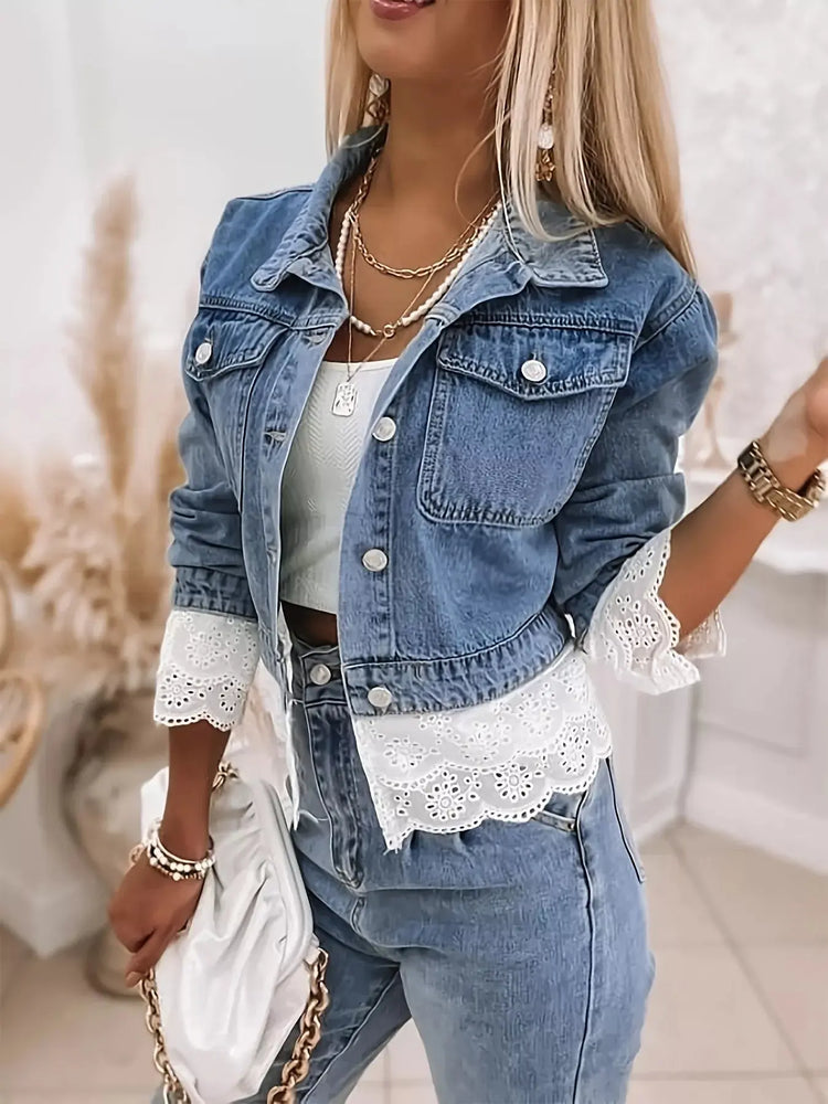 Cropped Denim Jacket with Lace Trim STYLE SOURCE