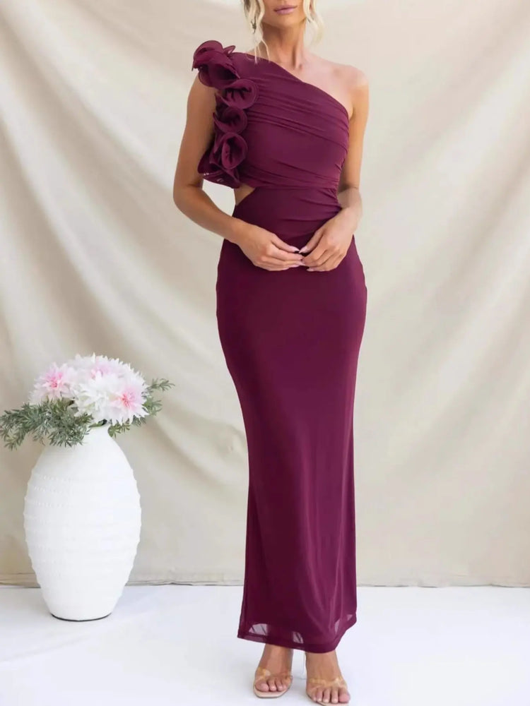One-Shoulder Floral Trim Sleeveless Maxi Dress STYLE SOURCE