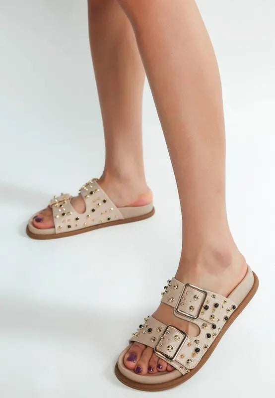 Jayata Metallic Stud Embellished Sliders STYLE SOURCE