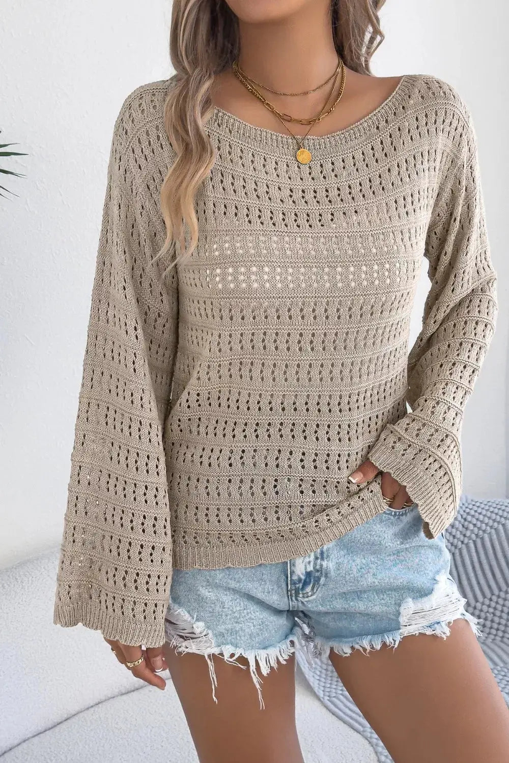 Openwork Boat Neck Knit Cover Up STYLE SOURCE