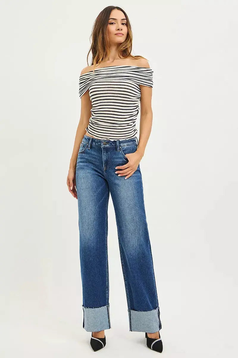 RISEN Mid Rise Wide Straight Jeans With Wide Cuff STYLE SOURCE