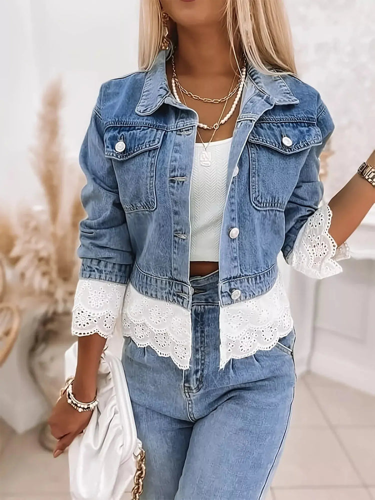 Cropped Denim Jacket with Lace Trim STYLE SOURCE