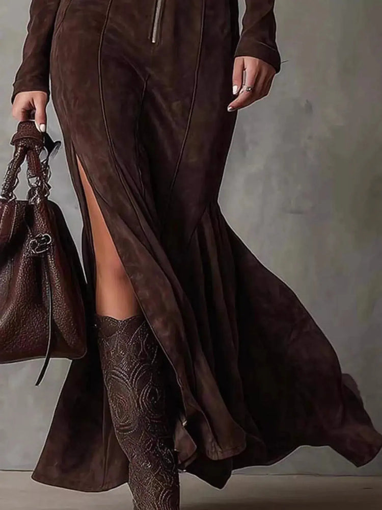 Full Size Slit Zipper Front Maxi Dress Plus Size STYLE SOURCE