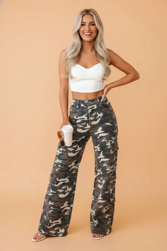 Camo Denim Cargo Wide Leg Pants STYLE SOURCE