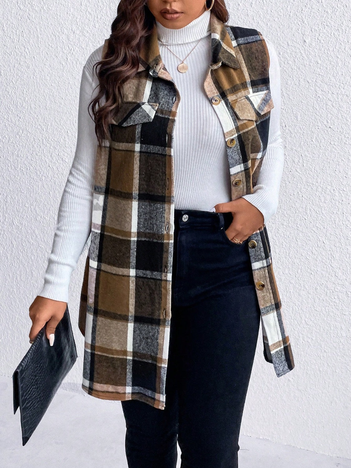 Honey Plus Size Pocketed Plaid Button Up Vest Coat STYLE SOURCE