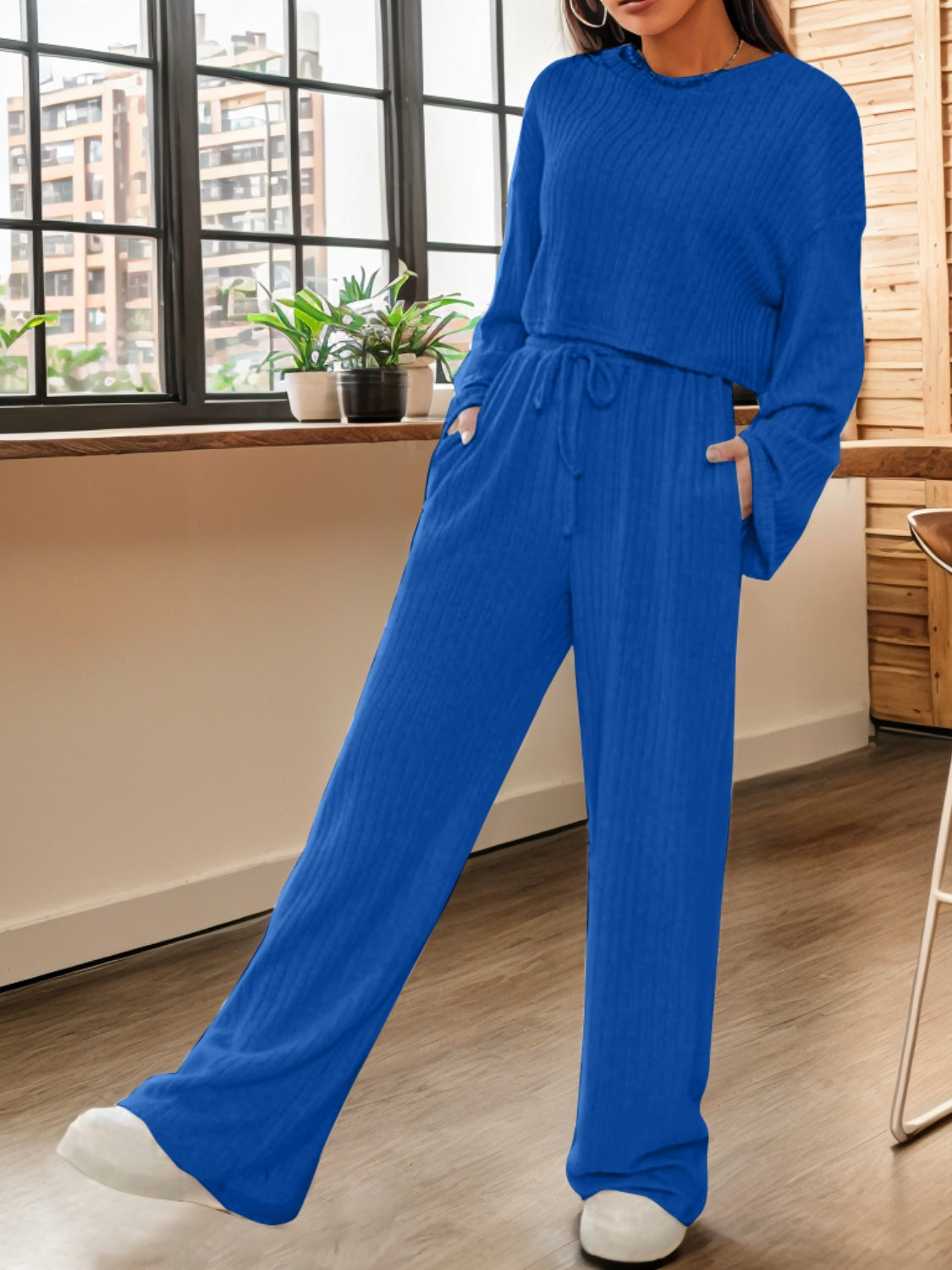 Ribbed Round Neck Top and Drawstring Pants Set STYLE SOURCE