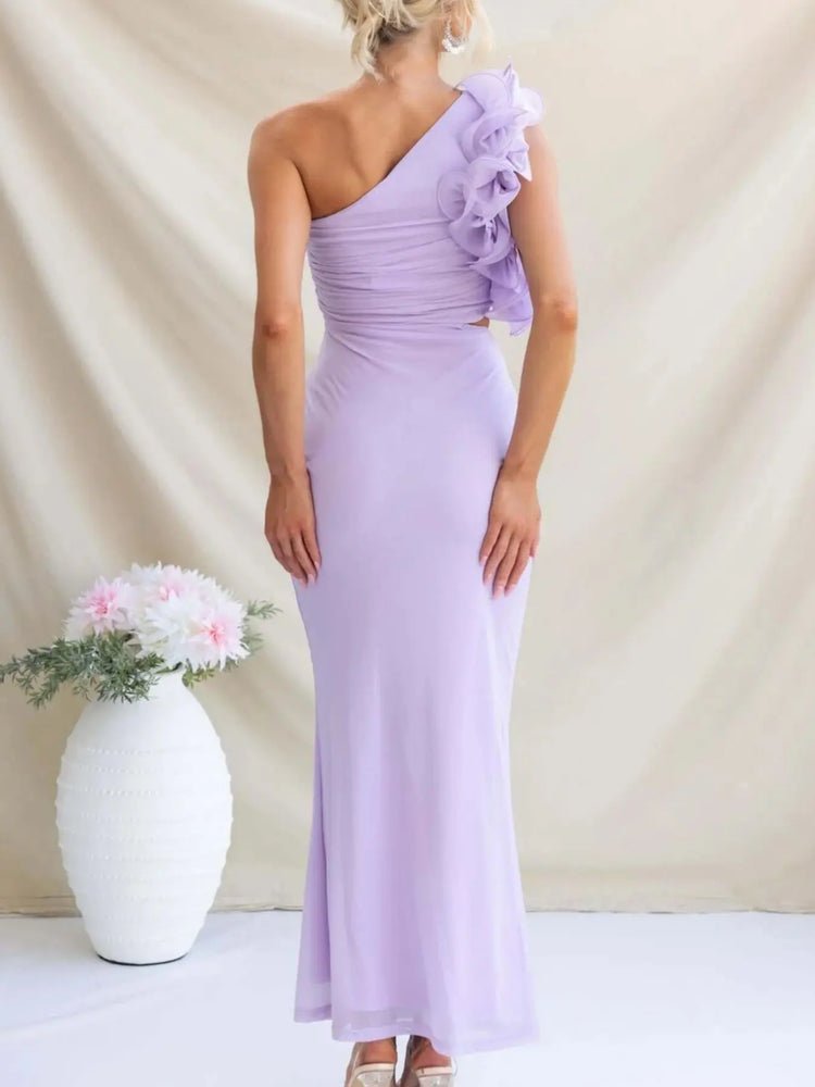One-Shoulder Floral Trim Sleeveless Maxi Dress STYLE SOURCE