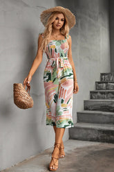 Printed Ruffle Strap Smocked Belted Jumpsuit STYLE SOURCE
